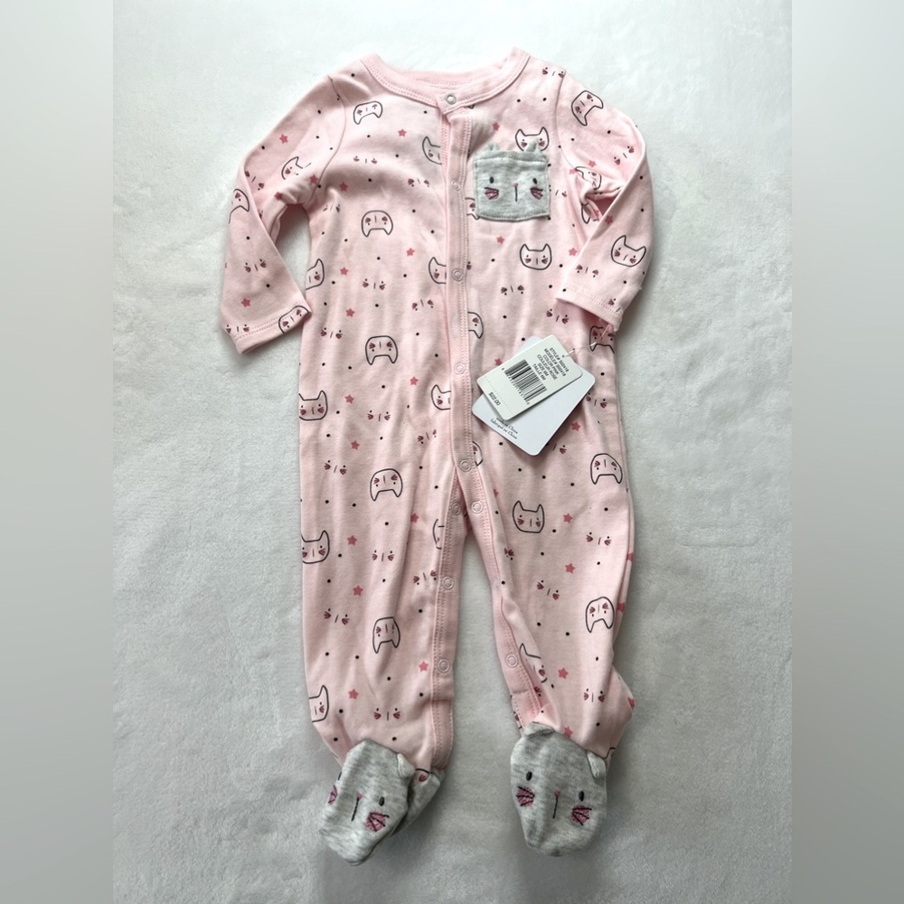 Footed Pink Cat Onesie